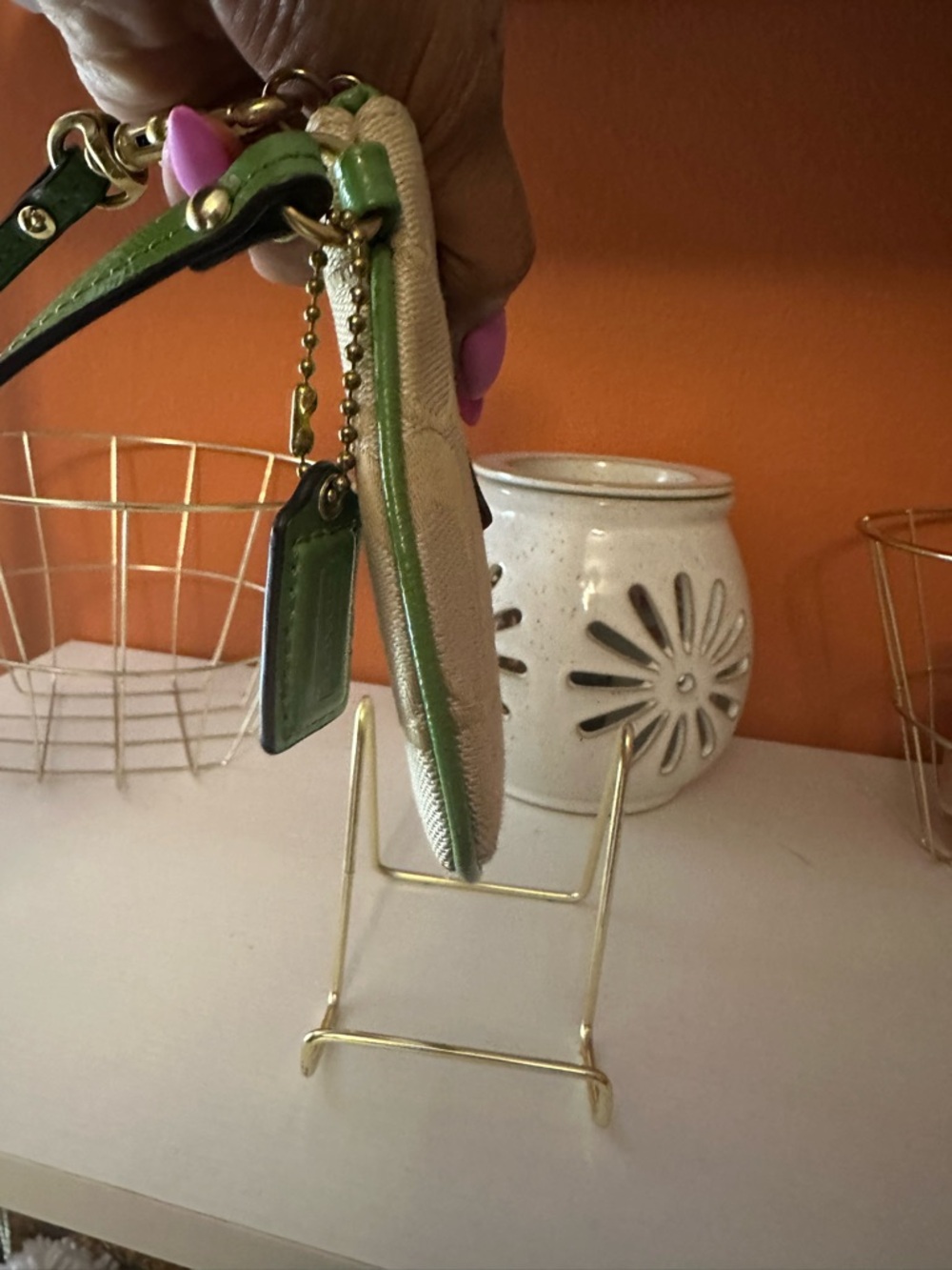 COACH Poppy Signature Print Tan/Apple Green Canvas Wristlet - Picture 8 of 12